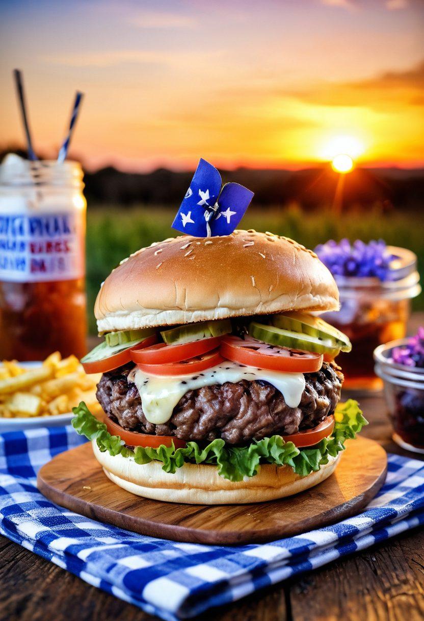 A mouth-watering Texas country burger overflowing with fresh toppings, set on a rustic wooden table. In the background, a vibrant sunset casts warm hues over an authentic Texas landscape with bluebonnets in bloom. The burger is surrounded by sides of crispy fries and a cold soda, evoking a cozy diner atmosphere. Include decorative elements like checkered cloth napkins and cowboy boots for added charm. super-realistic. vibrant colors. rustic style.