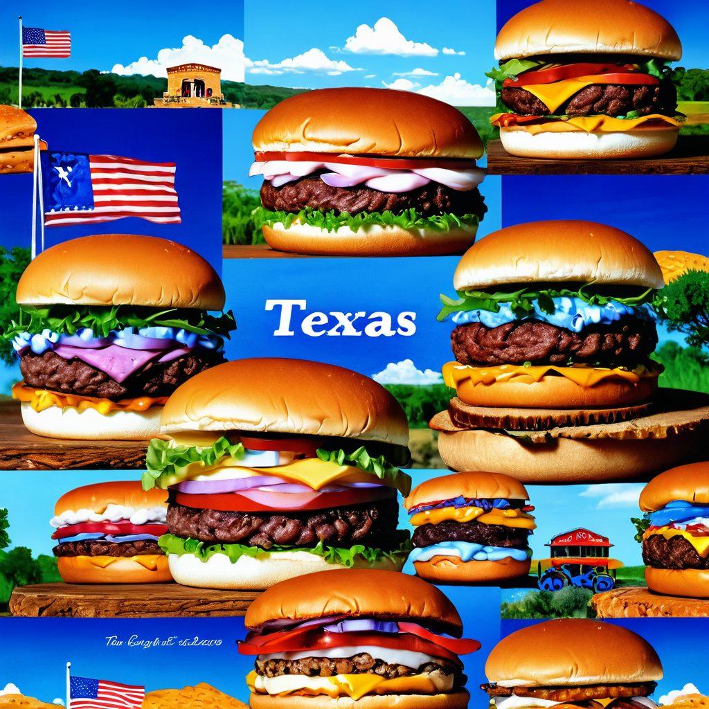 A mouth-watering collage of diverse Texas burgers, ranging from rustic local joints to gourmet creations, set against a vibrant Texas landscape. Include iconic Texas elements like bluebonnets, cowboy hats, and classic diners in the background. Emphasize juicy burger layers, fresh ingredients, and distinct flavors. Capture a sense of adventure and culinary exploration in the scene. super-realistic. vibrant colors. white background.