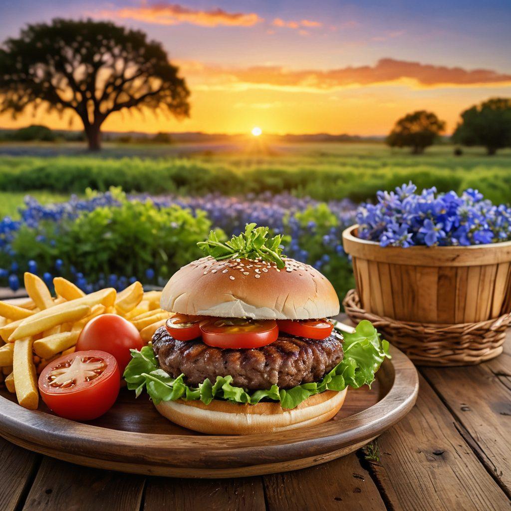 A sumptuous Texas burger with a juicy patty, melted cheese, crisp lettuce, and ripe tomatoes, artfully arranged on a wooden table. The background features a vibrant Texas landscape, with bluebonnets and a sunset sky, enhancing the southern charm. A side of golden, crispy fries in a rustic basket completes the scene. warm lighting, inviting atmosphere. super-realistic. vibrant colors.